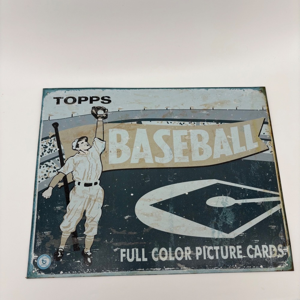 Topps Baseball Sign 1954 Full Color Cards Metal Tin 16x12.5 Blue Vintage Style